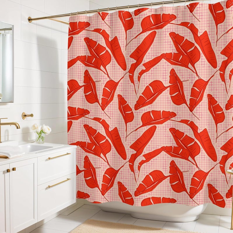 Worthwhile Goods Pink Red Banana Leaf Print Shower Curtain - Tropical Palm Pattern - Modern Maximalist Home Decor - Bold Colorful Hotel Style Fabric Shower Curtain For Any Bathroom - 72x72 Inches (Red Palms) - Image 1
